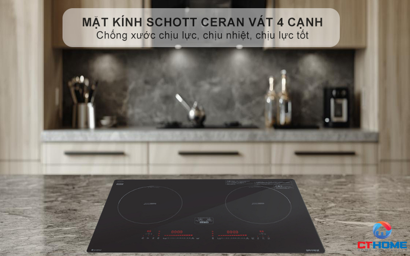 Mặt kính SCHOTT CERAN nhập khẩu, nổi bật với độ bền cao, vát 4 cạnh tinh xảo