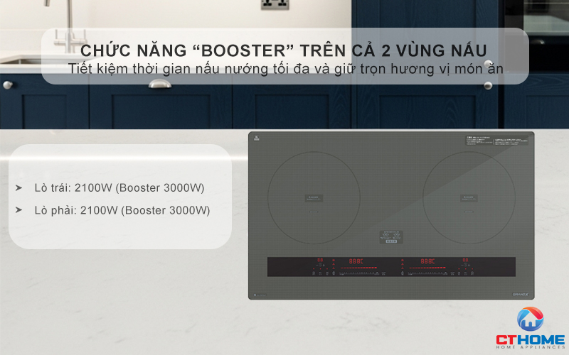 Chức năng “Booster” trên cả 2 vùng nấu, đạt công suất tối đa 3000W/vùng, tăng tốc độ nấu nướng vượt trội
