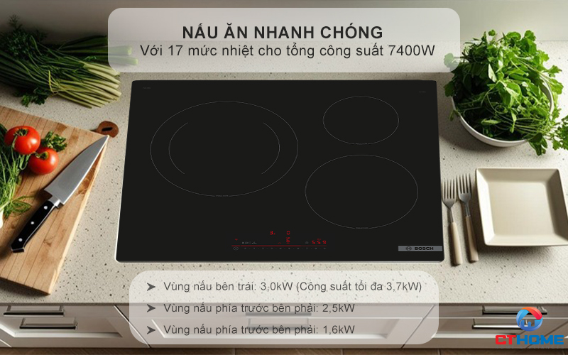 Nấu ăn nhanh chóng với 17 mức nhiệt cho tổng công suất 7400W