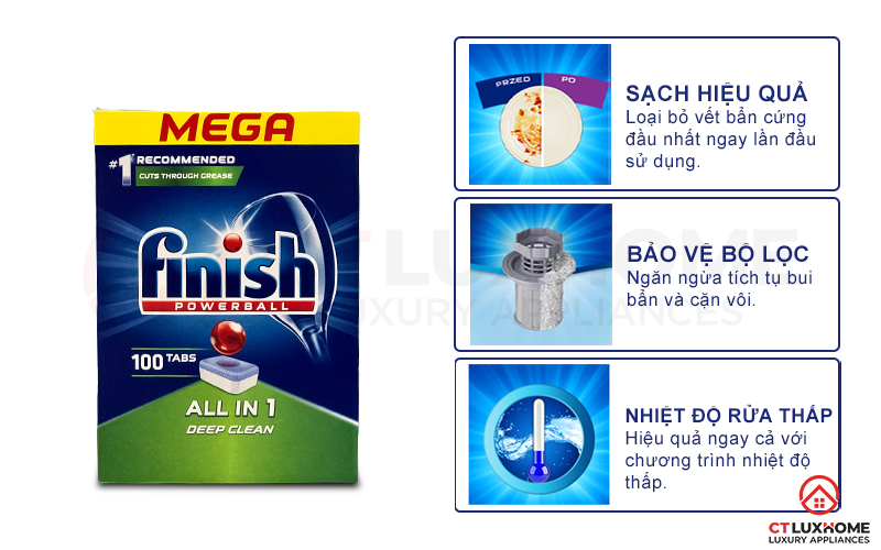 Tính năng vượt trội của viên rửa chén bát Finish All in one 100 viên