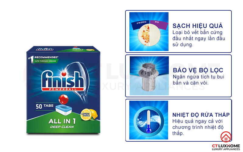 Tính năng vượt trội của viên rửa bát Finish All in one 50 viên hương chanh