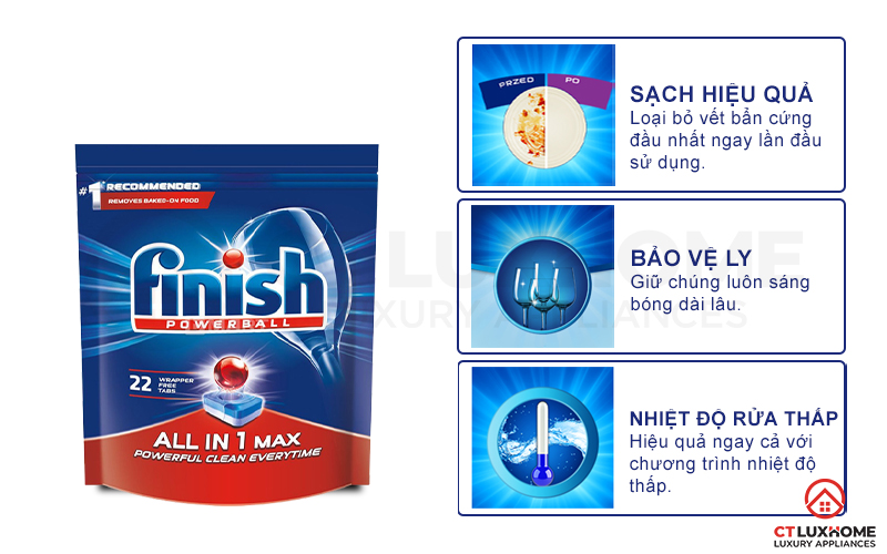 Tính năng vượt trội của viên rửa chén Finish All in one max 22 viên