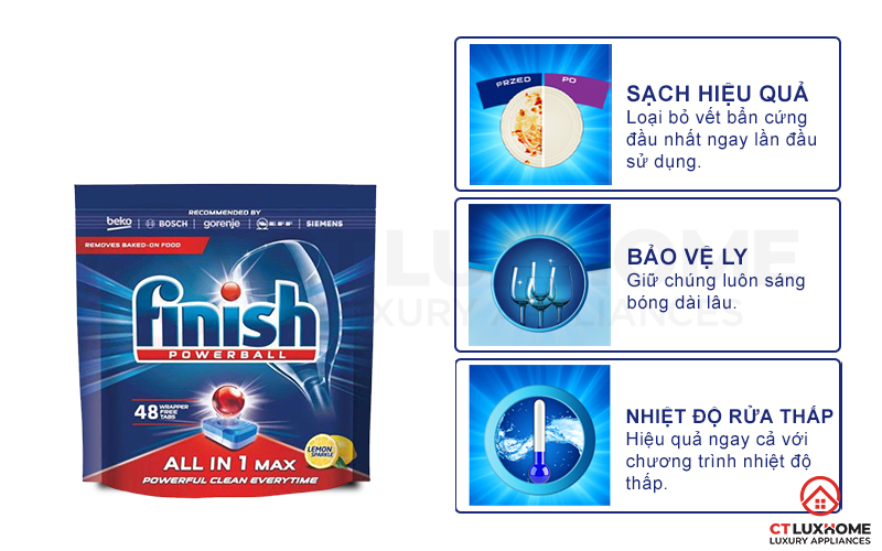 Tính năng nỏi bật của viên rửa bát Finish All in one max 48 viên hương chanh