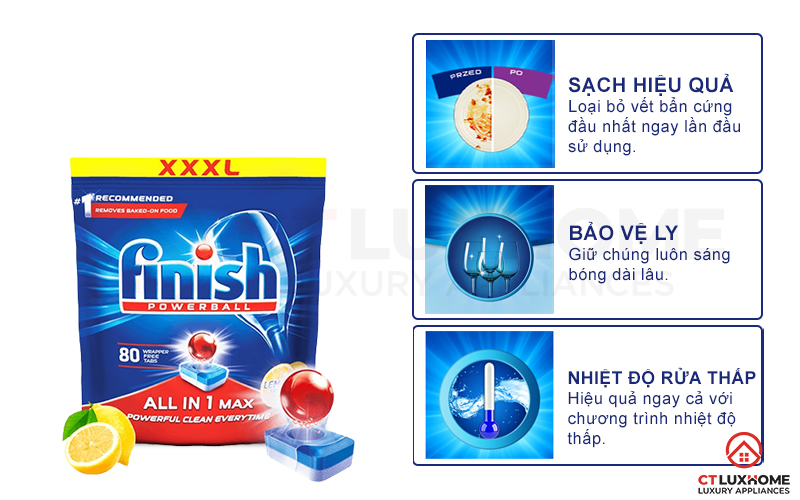 Tính năng vượt trội của viên rửa bát Finish All in one max 80 viên hương chanh