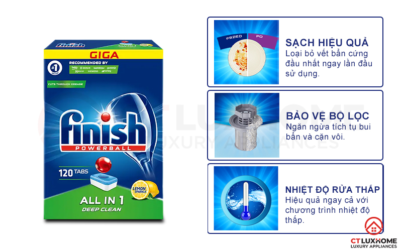 Tính năng vượt trội của viên rửa bát Finish All in one 120 viên hương chanh