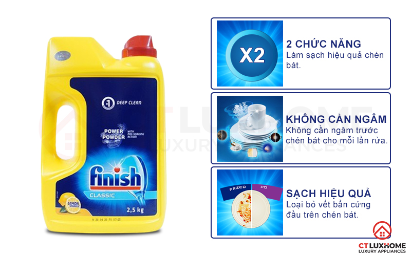 Tính năng vượt trội của bột rửa bát Finish Lemon 2,5 kg hương chanh