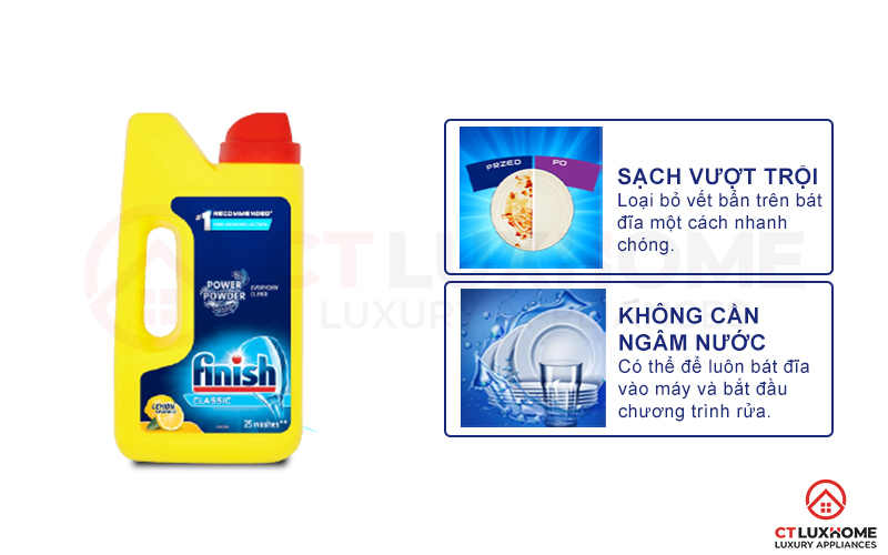 Tính năng vượt trội của Bột rửa bát Finish Lemon 1kg hương chanh 