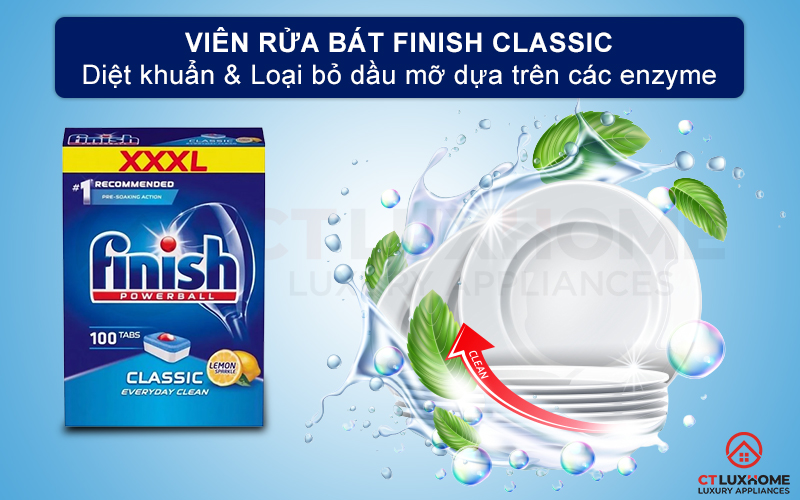 Giới thiệu về viên rửa chén Finish Classic 100 viên hương chanh