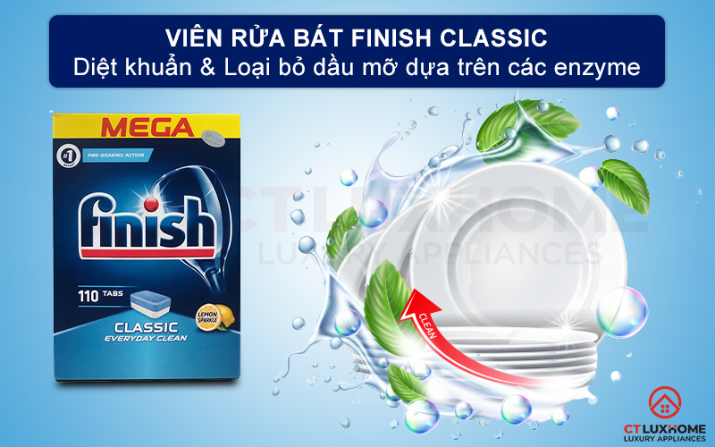 Giới thiệu về viên rửa chén Finish Classic 110 viên hương chanh