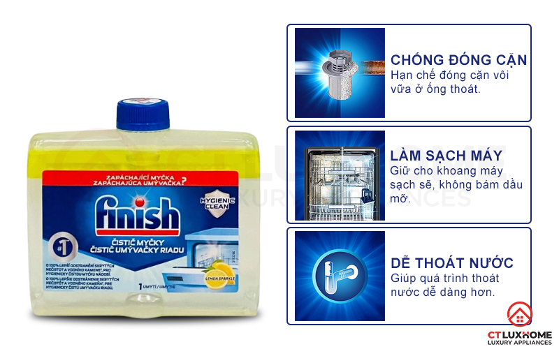 Tính năng vượt trội của dung dịch vệ sinh máy rửa bát Finish Lemon 250ml