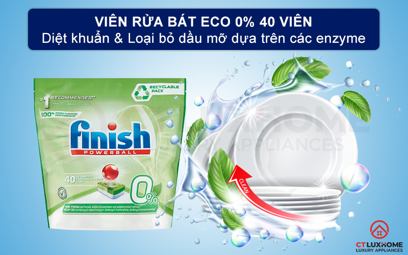 Giới thiệu về viên rửa chén bát Eco Finish 0% 40 viên Finish