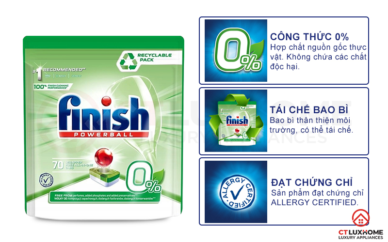 Tính năng vượt trội của Viên rửa chén bát Finish Eco 0% 70 viên