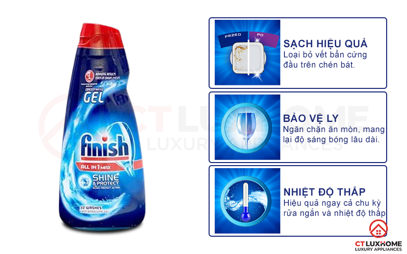 Tính năng vượt trội của Gel rửa bát Finish All in one Shine & Protect 650ml