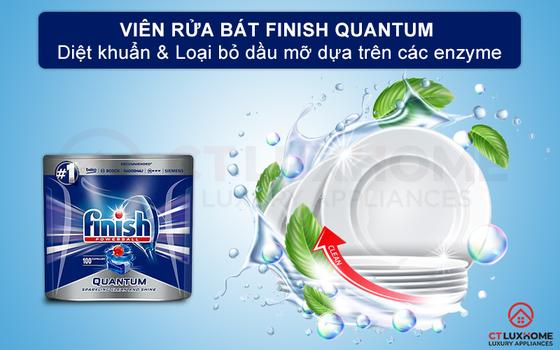 Viên rửa chén bát Finish Quantum 100 viên với công thức enzyme đặc biệt đánh bay mọi vết dầu mỡ