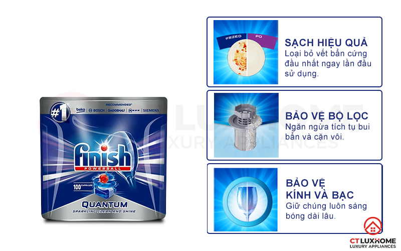 Ưu điểm vượt trội của dòng sản phẩm viên rửa chén Finish Quantum 100 viên