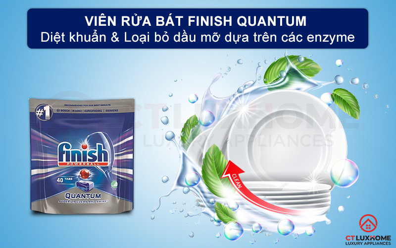 Viên rửa chén bát Finish Quantum 40 viên đánh bay mọi vết bẩn dầu mỡ và cứng đầu.