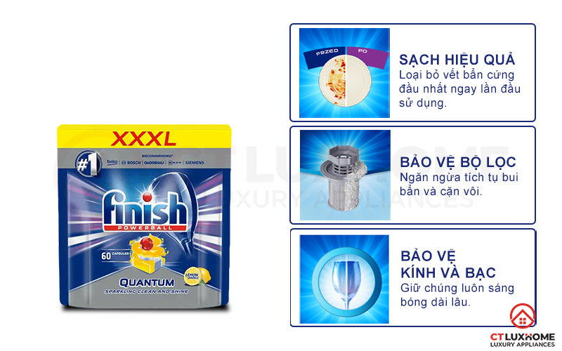 Ưu điểm vượt trội của viên rửa chén bát Finish Quantum 60 viên hương chanh