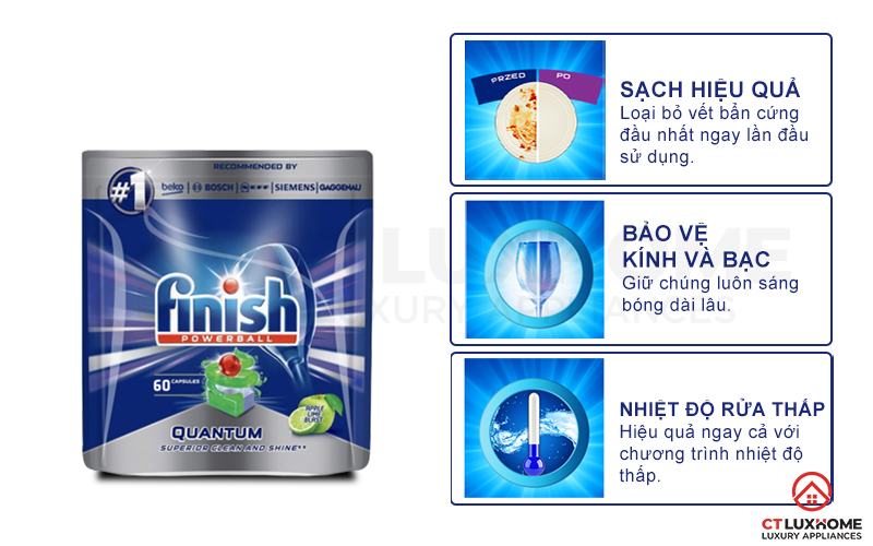 Tính năng vượt trội của viên rửa chén Finish Quantum 60 viên hương táo chanh