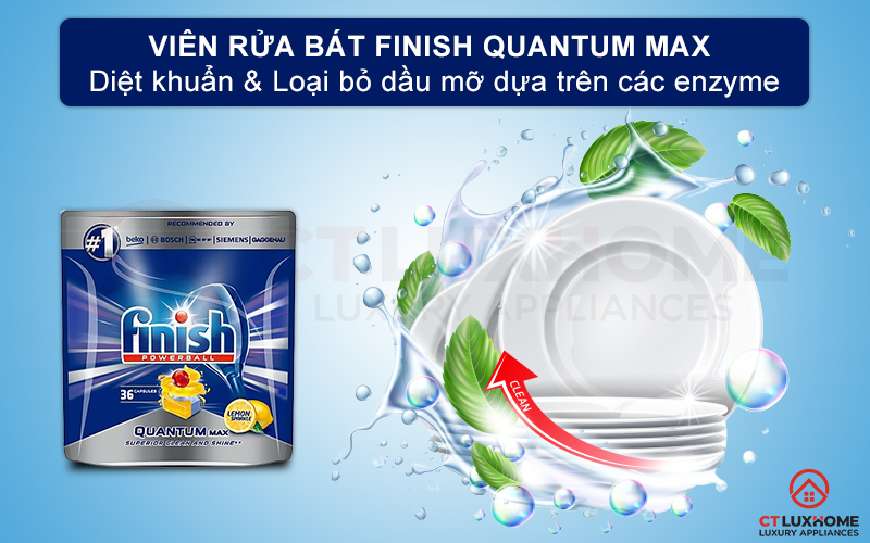 Đánh bay mọi vết bẩn cứng đầu và bảo vệ đồ gia dụng nhờ viên rửa bát Finish Quantum Max 36 viên hương chanh