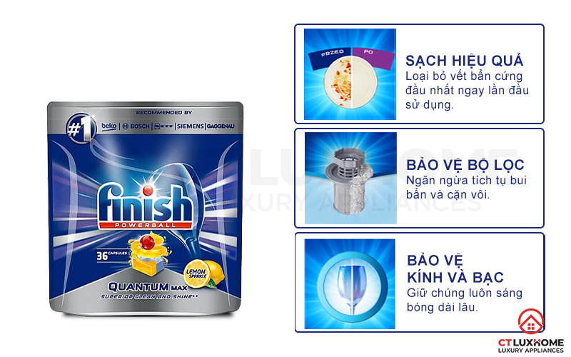 Ưu điểm vượt trội của viên rửa chén bát Finish Quantum Max 36 viên hương chanh