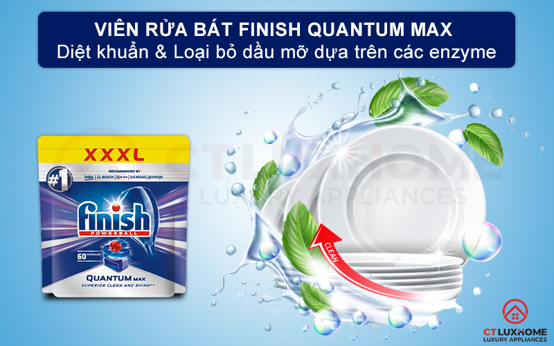 Viên rửa chén bát Finish Quantum Max 60 viên đánh bay vết bẩn dầu mỡ và bảo vệ đồ dụng nhà bếp hiệu quả