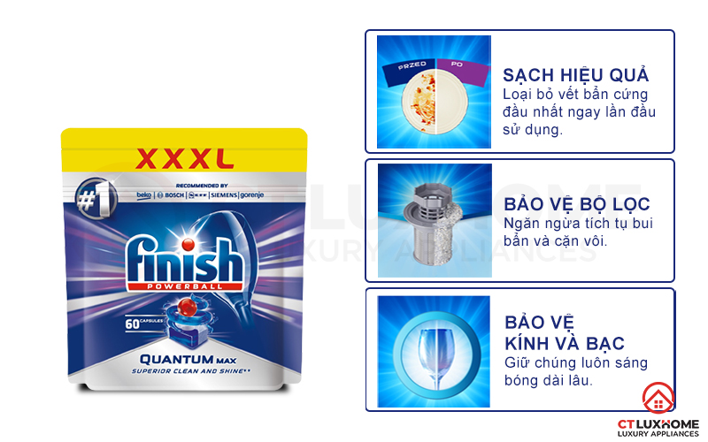 Ưu điểm vượt trội của viên rửa chén Finish Quantum Max 60 viên