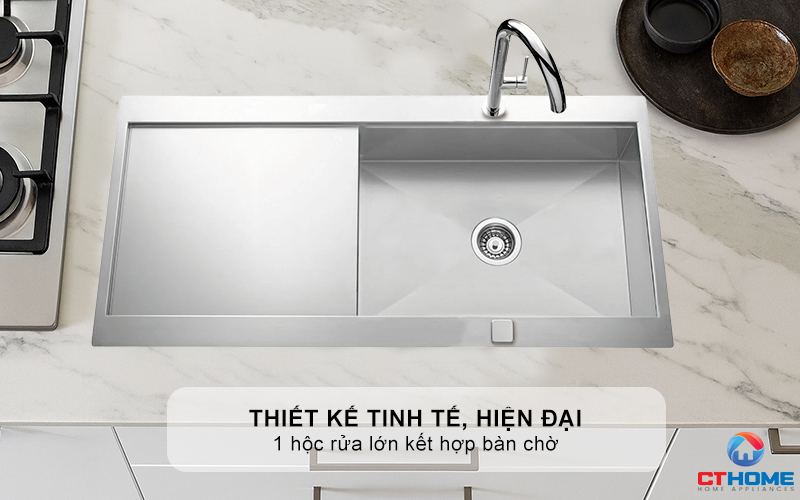 Thiết kế tinh tế, hiện đại và sang trọng có 1 hộc rửa lớn kết hợp bàn chờ tiện dụng