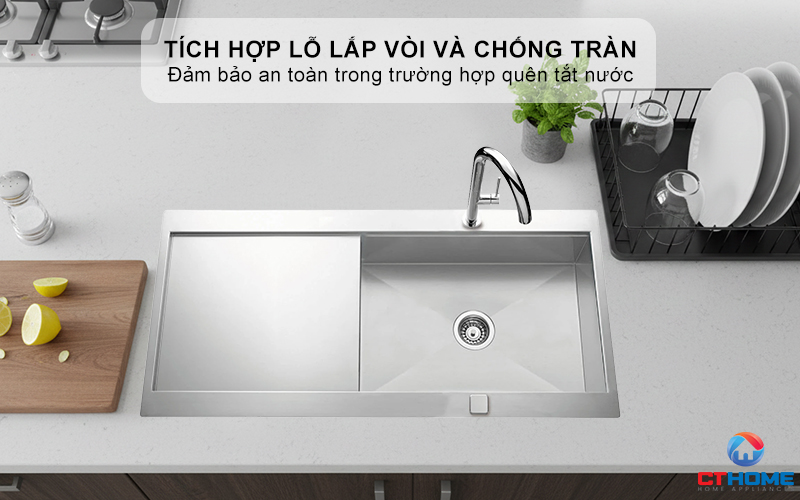 Tích hợp lỗ lắp vòi và chống tràn tự động