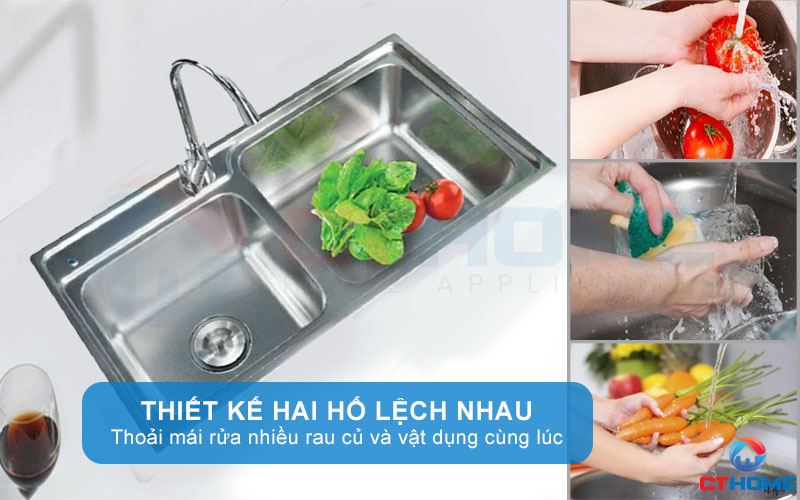 Thiết kế chậu 2 hố lệch nhau, phù hợp mọi diện tích