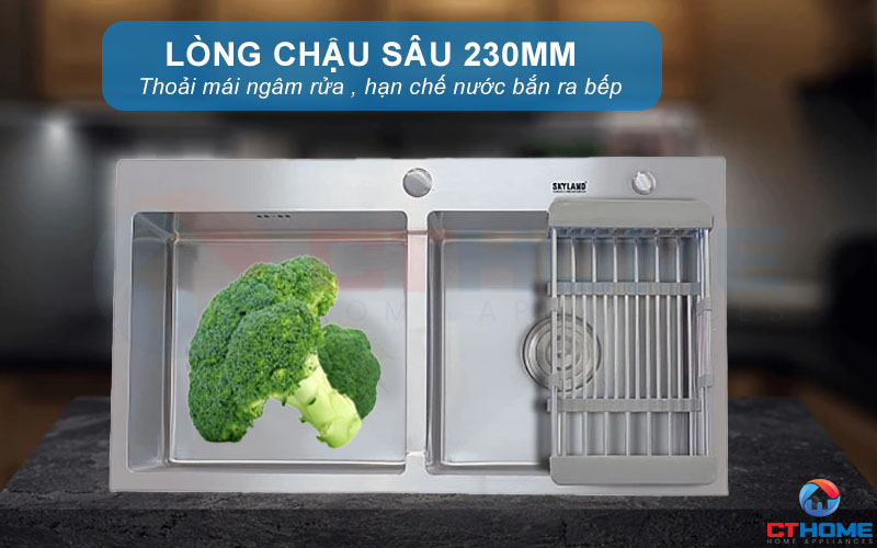 Lòng chậu sâu, thoải mái ngâm rửa rau củ và vật dụng