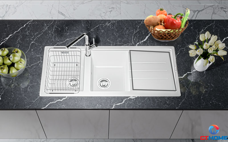 Ngoài 2 chậu có thích thước lớn, chậu rửa Konox Granite Phoenix White Silver mở rộng thêm không gian bàn đá