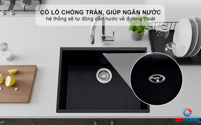 Có lỗ chống tràn, giúp ngăn nước tràn ra ngoài