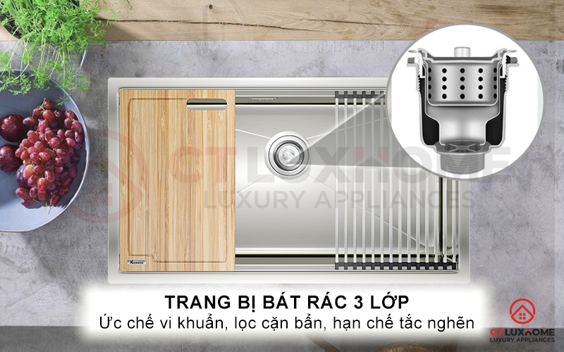 Trang bị bát rác 3 lớp ức chế hiệu quả sinh trưởng của vi khuẩn, lọc cặn bẩn, hạn chế tắc nghẽn đường ống thoát