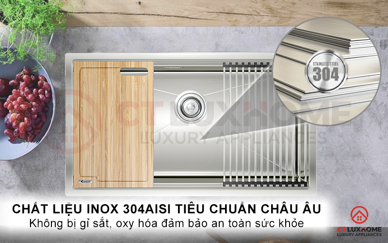 Chất liệu inox 304AISI theo tiêu chuẩn của Châu Âu cao cấp 18% Cr, 10% Ni