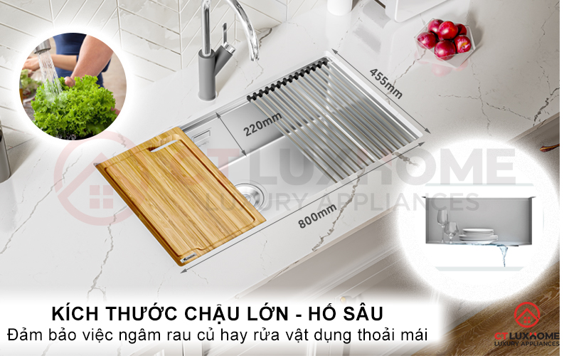 Chậu rửa kích thước tối ưu đảm bảo việc ngâm rửa rau củ, vật dụng thoải mái