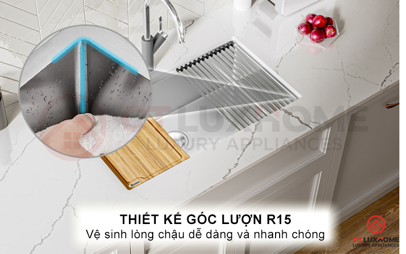 Vệ sinh lòng chậu nhanh chóng và dễ dàng nhờ góc lượn R15