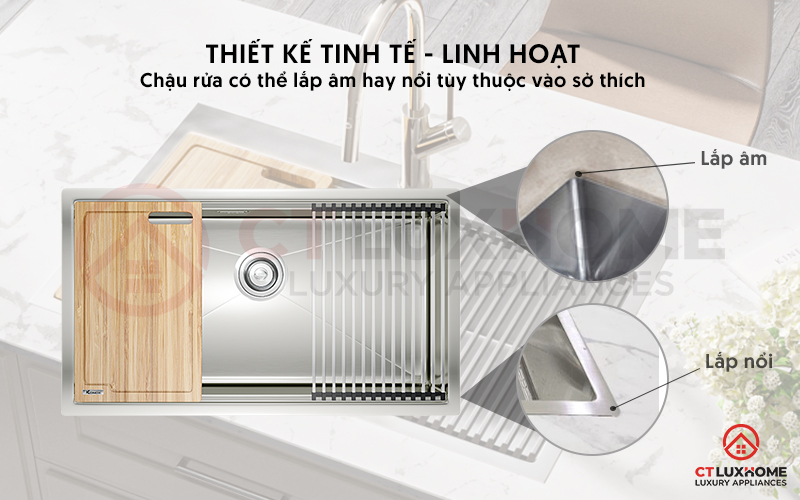 Thiết kế sang trọng tinh tế, lắp âm và lắp nổi linh hoạt phù hợp mọi không gian bếp