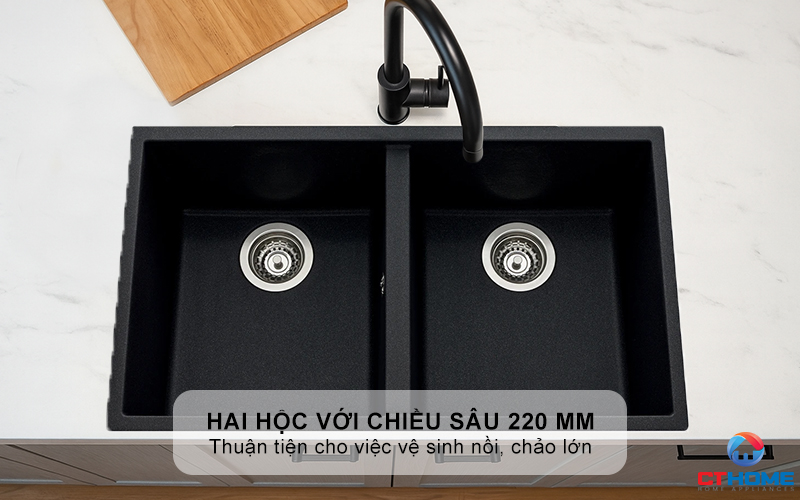Hai hộc rửa lớn với chiều sâu 220 mm