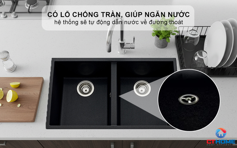 Có lỗ chống tràn, giúp ngăn nước tràn ra ngoài