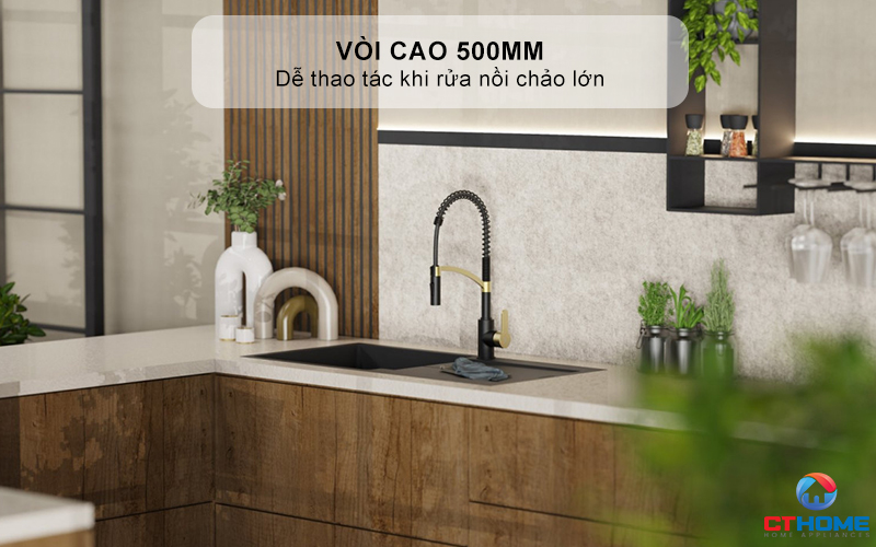 Vòi cao, dễ thao tác khi rửa nồi chảo lớn