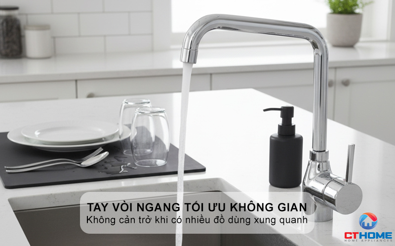 Tay vòi ngang tối ưu không gian bàn bếp