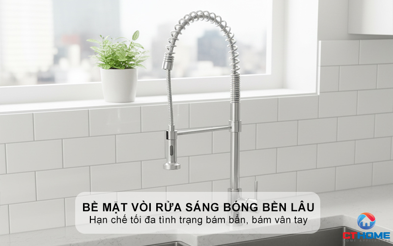 Bề mặt vòi rửa sáng bóng bền lâu, chống bám vân tay