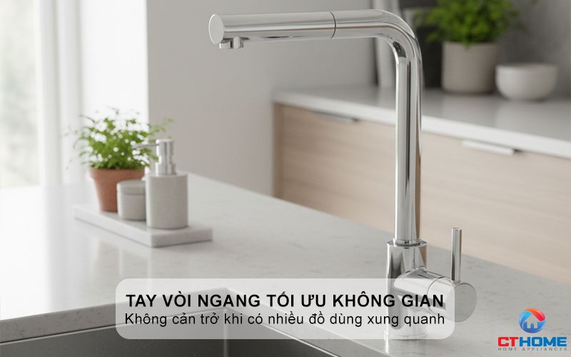 Tay vòi ngang tối ưu không gian bàn bếp