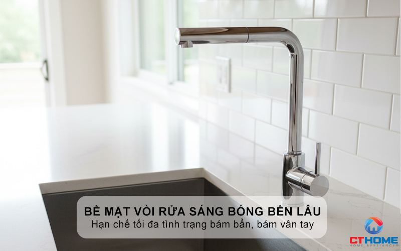 Bề mặt vòi rửa sáng bóng bền lâu, chống bám vân tay