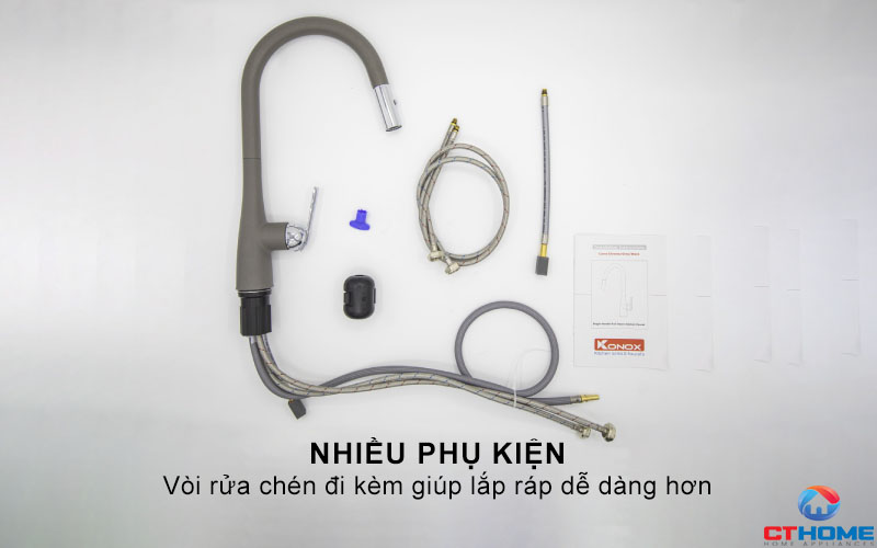 Nhiều phụ kiện vòi rửa chén đi kèm giúp lắp ráp dễ dàng hơn