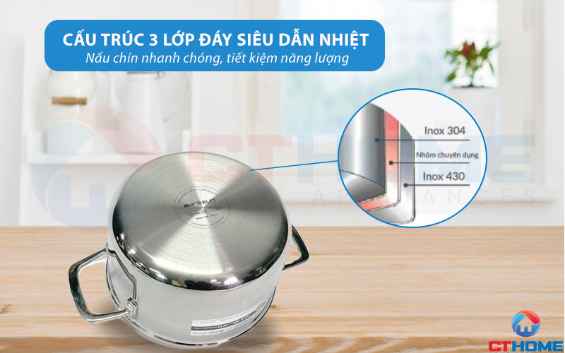 Bộ nồi - chảo cấu trúc 3 lớp đáy siêu dẫn nhiệt, tiết kiệm năng lượng