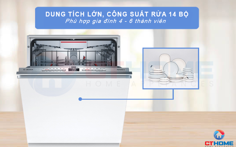 Công suất rửa tối đa 14 bộ đồ ăn Châu Âu phù hợp với gia đình 4 - 6 thành viên