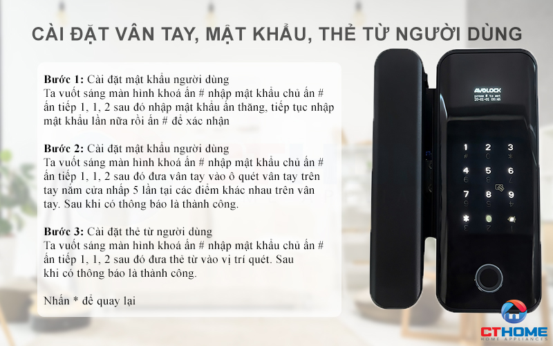 Cài đặt vân tay, mật khẩu, thẻ từ người dùng