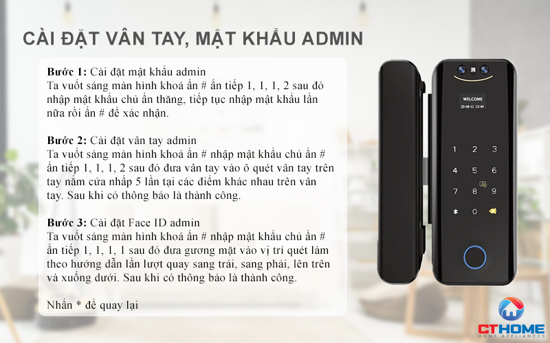 Cài đặt vân tay, mật khẩu, thẻ từ chủ quản