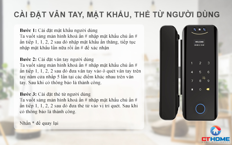 Cài đặt vân tay, mật khẩu, thẻ từ người dùng